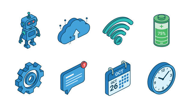 Collection of isometric technology icons including a robot, cloud, Wi-Fi, battery, gear, message, calendar, and clock.
