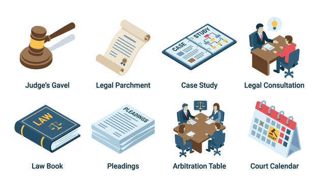 Collection of isometric icons representing legal and business concepts, including a judge's gavel, law book, and legal consultation.
