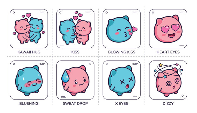 Cute Kawaii Characters Expressing Various Emotions and Affectionate Gestures.