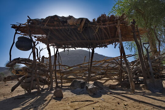 Mongo, Chad, February 26, 2026.  Light structures made of wooden poles, tree branches and large leaves mixed with scraps of fabric are the vast majority of buildings of nomadic tribes in Africa.