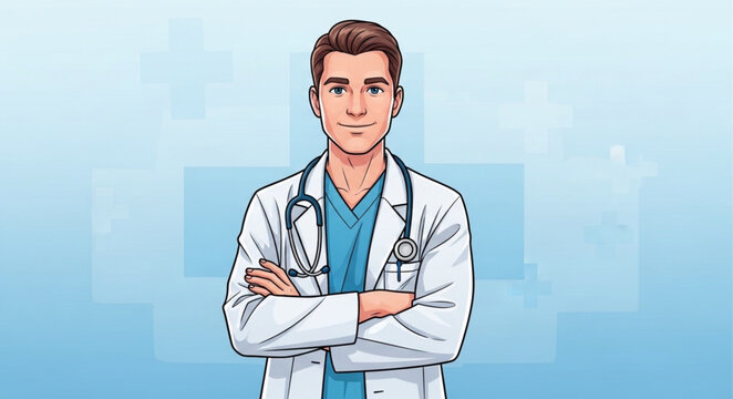 Confident Male Doctor Wearing Stethoscope and Lab Coat.
