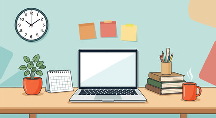 Fototapeta premium Workspace Setup: A modern workspace is artfully arranged with a laptop at the center, accompanied by essential elements for productivity. A calendar, sticky notes, and a steaming mug sit harmoniously.