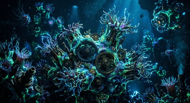 Bizarre bioluminescent alien-like sea creature with multiple tentacles underwater in dark ocean