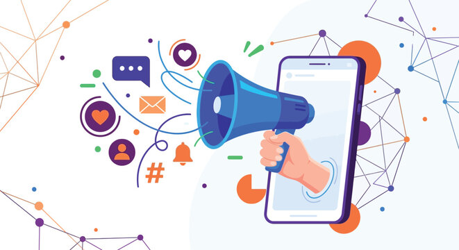 Digital Voice Amplifier: A dynamic digital illustration, portraying a vibrant and engaging concept, a hand emerging from a smartphone.