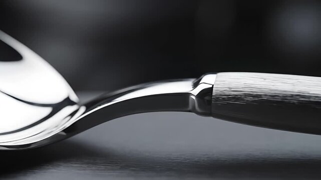 Closeup Macro Shot of a Shiny Silver Spoon Reflecting Light.