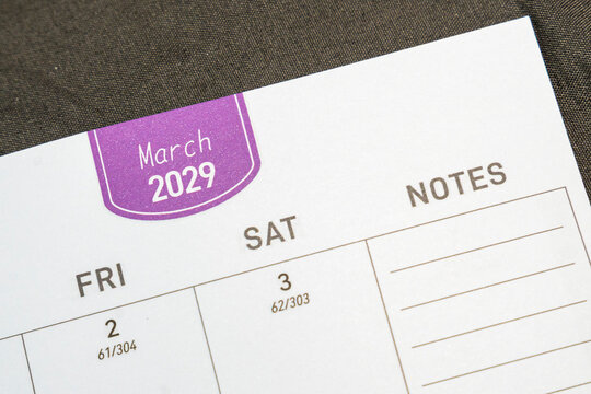 A close-up of a calendar page displaying March 2029. The dates are clearly marked, with notes section available for entries. Suitable for planning, organization, or scheduling themes.