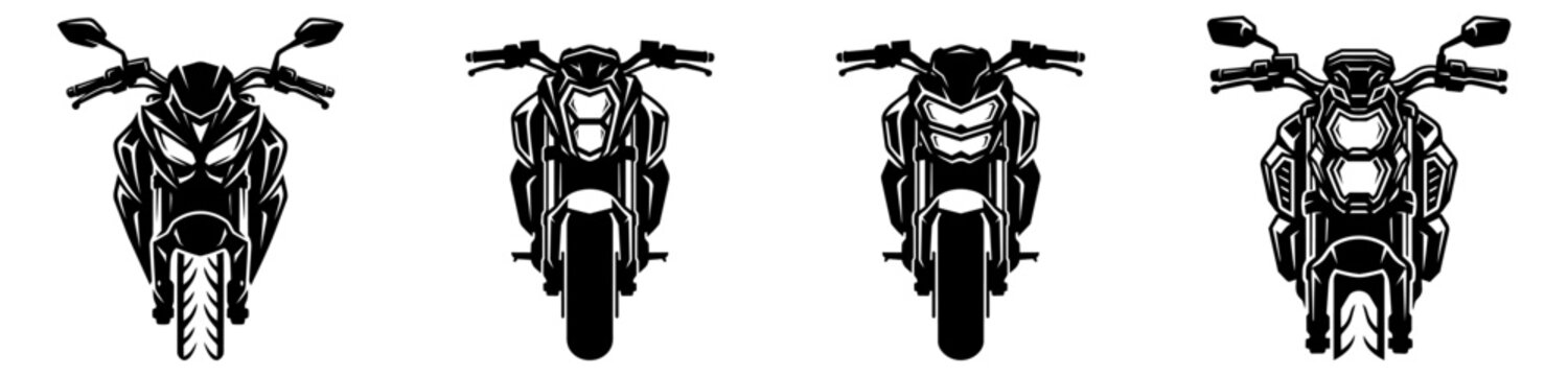 Set of motorcycle front view vector icons, naked bike silhouettes, minimalist streetfighter motorbike design elements