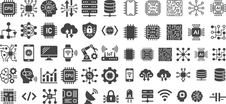 Circuit board & Chip icon. Electronic circuit flat and line icons set. Electronic, Processor, Chip symbol. Vector