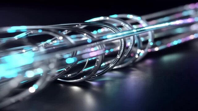 Closeup of a bundle of shiny fiber optic cables with colorful glowing lights on a dark surface