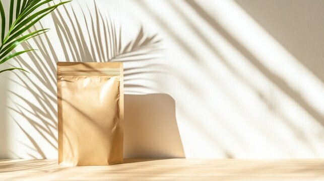 Blank kraft paper pouch with plant shadow overlay