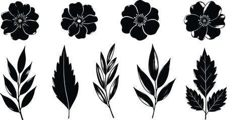 Silhouette Flower and Leaf Vector Set for Botanical, Nature, and Floral Illustrations in Graphic Designs © MD