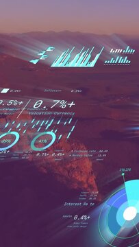 Vertical video: On camera pan teal finance HUD floating shifting updating metrics showing markets