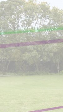Vertical video: Sensor glitch causing purple-green bands shifting opacity fading across lawn trees