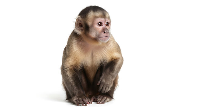 Baby monkey sitting with curious expression isolated on transparent background