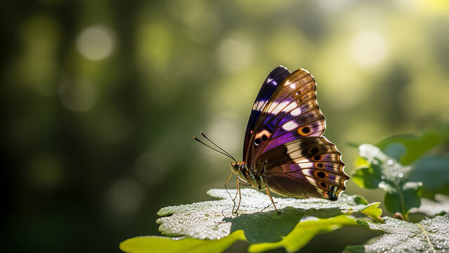 Purple emperor butterfly perches gracefully upon a green leaf in the forest while catching the warm rays of the afternoon sun.