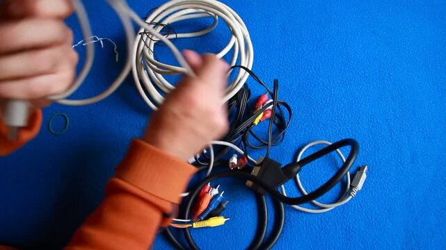 Cables enredados, enrollar y atar cableado el&eacute;ctrico y conectores con abrazadera y brida 
