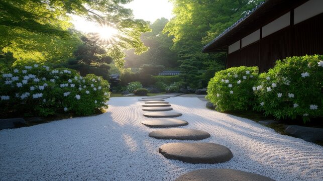 Tranquil zen garden path with stepping stones and lush greenery