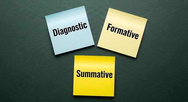 Three colorful sticky notes displaying diagnostic formative summative assessment types