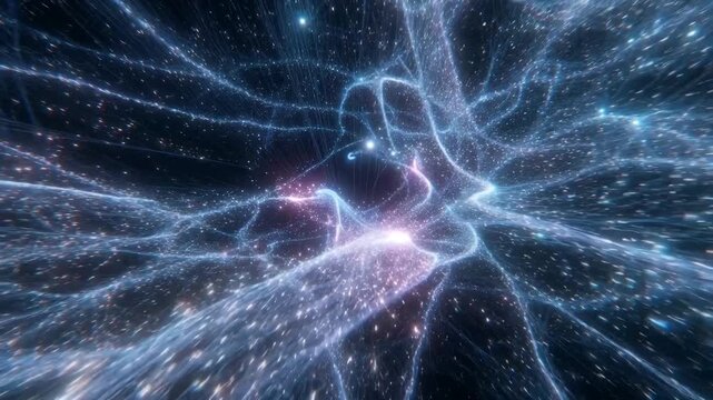 An abstract cosmic web of glowing particles and light strands on a dark space background, concept of universe structure and energy flow
