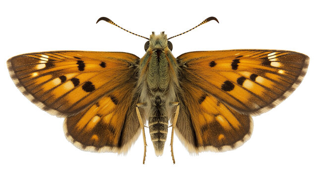 Skipper butterfly displays its unique amber and brown wing structure in a sharp, detailed studio composition.