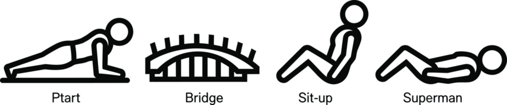 Fitness Exercise Icons: Plank, Bridge, Sit-up, Superman - Vector Illustration