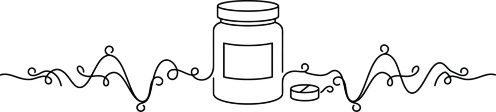Minimalist line art drawing of a medicine bottle and a single pill with abstract decorative swirling flourishes underneath it