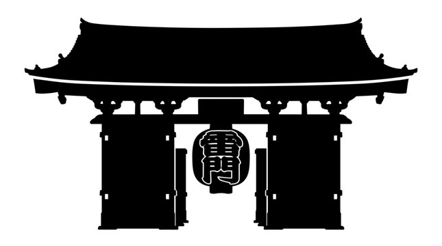 Vector silhouette of Japanese temple gate with ornate roof and guardian statues, cultural heritage, spiritual architecture, iconic landmark art