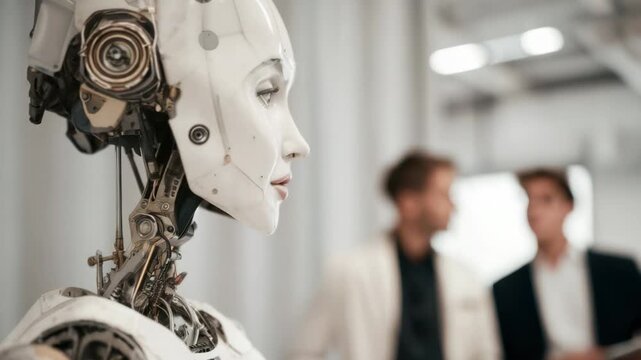 Robots and humans interact in a tech showcase at a recent event in a modern exhibition space