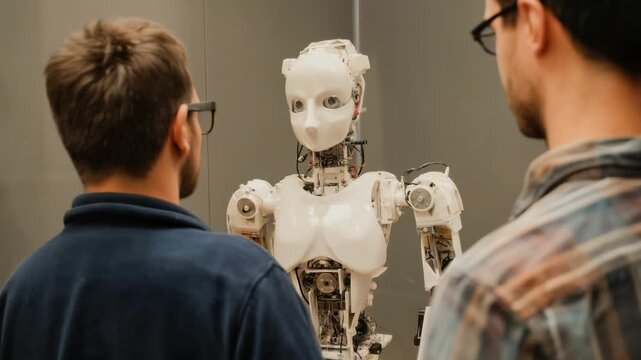 Visit to a robotics exhibit with people observing a humanoid robot at an indoor location