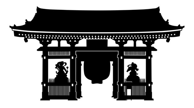Vector silhouette of Japanese temple gate with ornate roof and guardian statues, cultural heritage, spiritual architecture, iconic landmark art