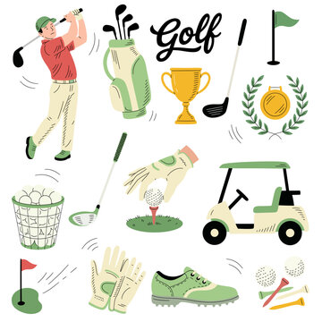 Golf elements in cartoon doodle style. Sports equipment, golfer player, golf ball, golf car, club, hole. Hand drawn golf vector illustration isolated on white background