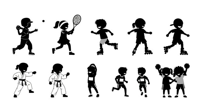 Set of Children Playing Sports and Active Games Silhouettes