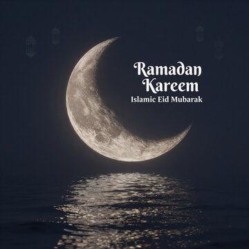 Pastel Art Eid Nature. Crescent Moon Over Water For Ramadan Kareem And Islamic Eid Mubarak Background Download 2026-2027