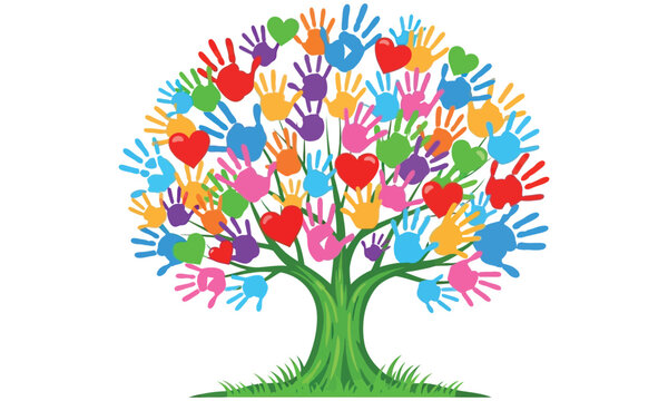 Colorful handprint tree a vibrant symbol of unity growth and community collaboration with diverse silhouettes