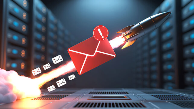 Email notification icon launching like a rocket from a server room quickly