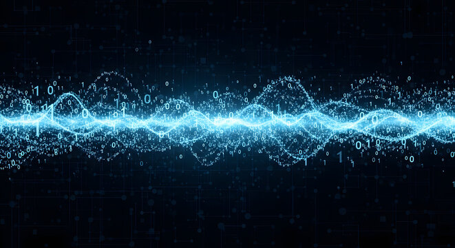 Abstract blue digital wave with binary code flowing through it, representing data transmission and technology