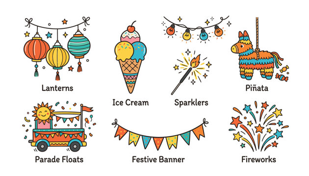 Colorful festive party elements including lanterns, ice cream, sparklers, pi&ntilde;ata, parade floats, banners, and fireworks.