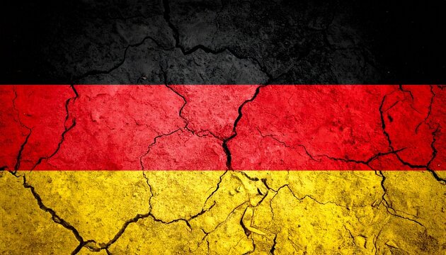 German national flag with black-red-gold horizontal stripes, cracked textured surface, aged distressed appearance symbolizing resilience and history.