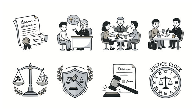 Set of black and white icons representing legal and justice concepts with people and symbols.