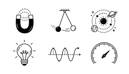 Set of six black and white science and physics icons representing magnetism, pendulum, planetary orbit, light bulb, wave, and speedometer. © Kai_