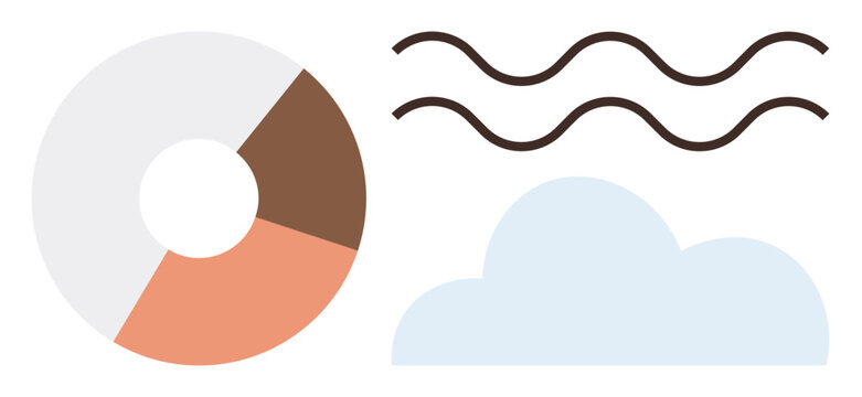Data analysis, weather forecasting, minimal graphics, presentation visuals, reports, abstract art. Circle graph, wavy lines cloud. Data analysis and weather forecasting concept