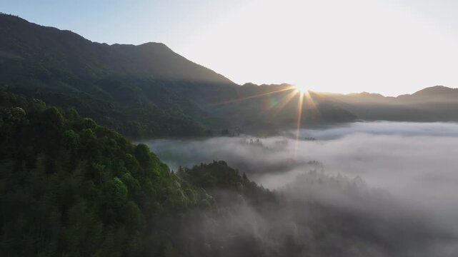 Morning sunlight pierces through misty mountain valleys with dense forest and sea of clouds