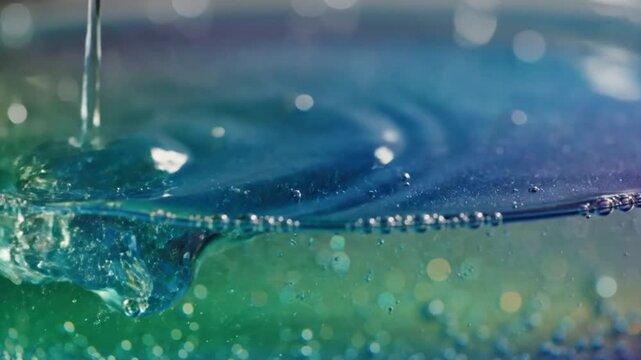 Close-up shot of water pouring, creating bubbles and surface tension within an iridescent liquid