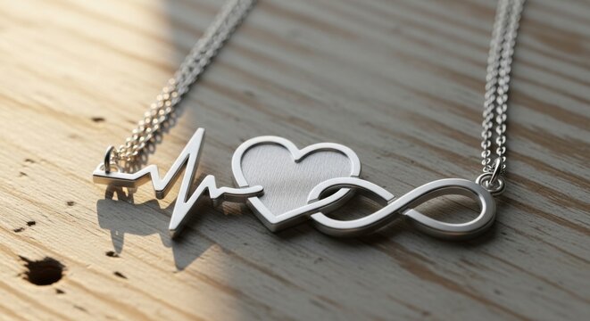 Silver necklace with heart, infinity, and ECG symbol pendant on wooden background