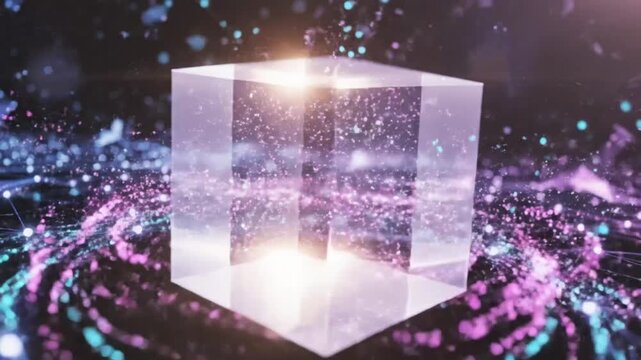 Futuristic abstract digital data cube visualization with connected network lines and particle effects in space