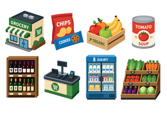 Colorful grocery and supermarket icons featuring produce, dairy, snacks, and shopping elements.