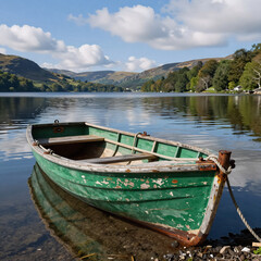 Obraz premium Celtic Art Boat Green. A Weathered Green Boat Stands On The Shore Of A Clear Lake
