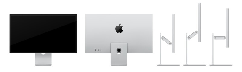 Naklejka premium Photorealistic detailed Apple Studio Display XDR 27 inches 2026 mockup. Real dimentions. Front, back and side view isolated on white background. Vector editorial illustration