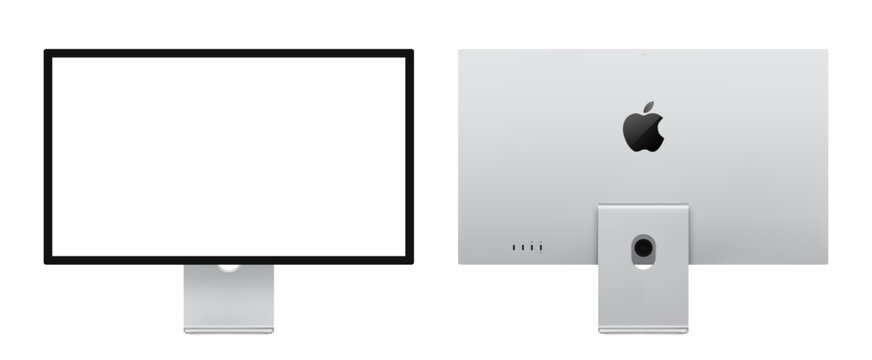 Photorealistic detailed Apple Studio Display XDR 27 inches 2026 mockup. Real dimentions. Front and back view isolated on transparent background. Vector editorial PNG