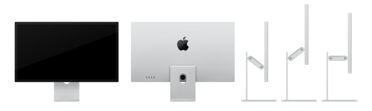 Photorealistic detailed Apple Studio Display XDR 27 inches 2026 mockup. Real dimentions. Front, back and side view isolated on white background. Vector editorial illustration